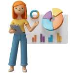 Female Character holding tablet point pie chart