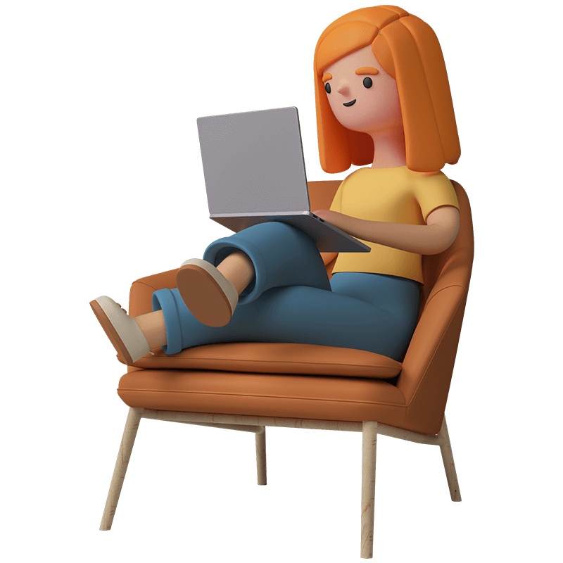 Female Character working laptop while sitting chair
